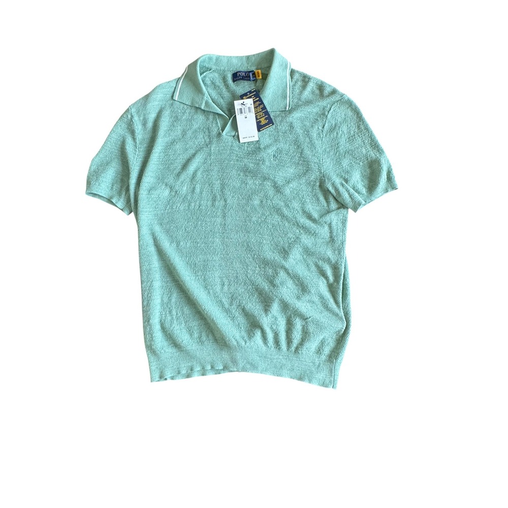 Polo Ralph Lauren Knit Polo Shirt Mens M Faded Mint Cotton Linen Sweater NWT - Picture 4 of 9